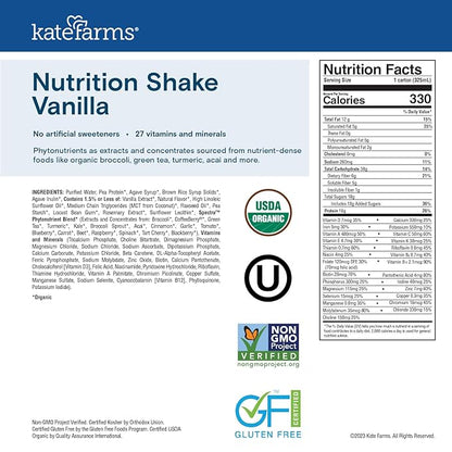 Kate Farms Organic Nutrition Shake, Vanilla, 16g Protein, 27 Vitamins and Minerals, Meal