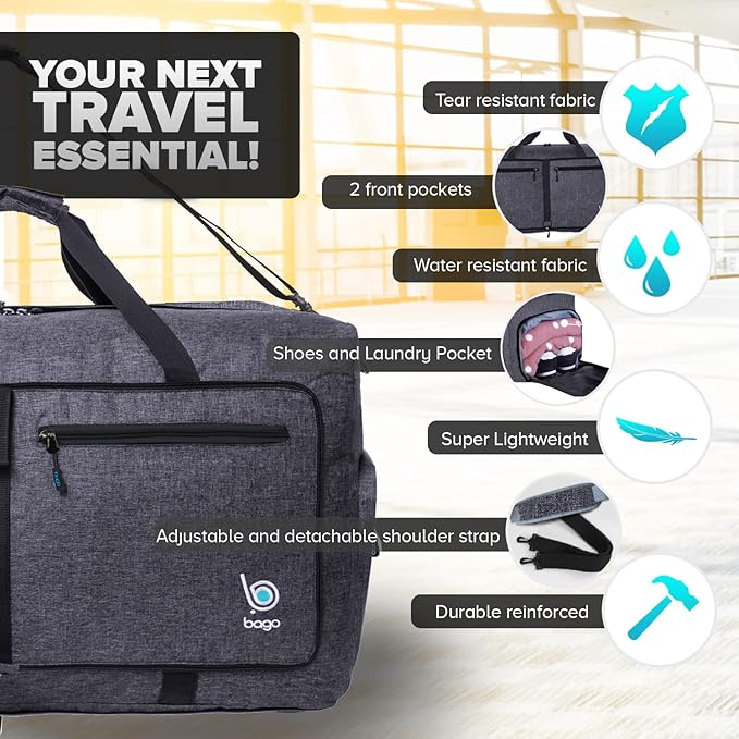 Bago Foldable Duffel Bags for Traveling Women & Men - 60L Medium Packable Duffle Bag for Travel