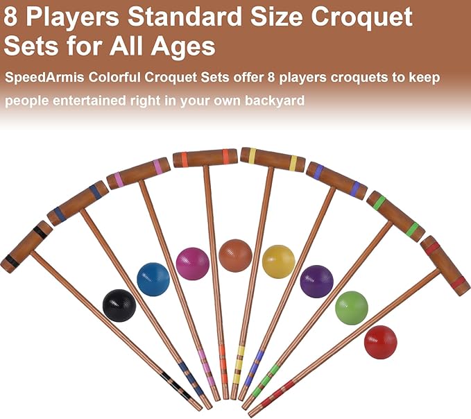 28In Croquet Party Set for 8 Players - Made of Long-Lasting Pine Wood, Family Fun for Backyards