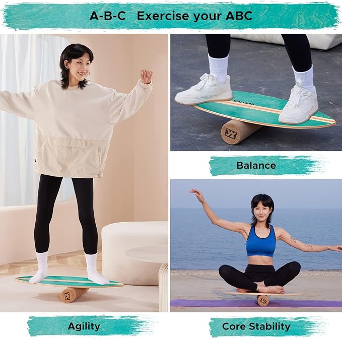 XCMAN Surf Balance Board Trainer with Roller Wooden Exercise Balancing Stability Trainer - Non Slip