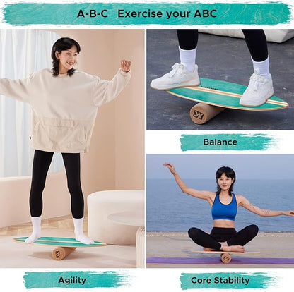 XCMAN Surf Balance Board Trainer with Roller Wooden Exercise Balancing Stability Trainer - Non Slip