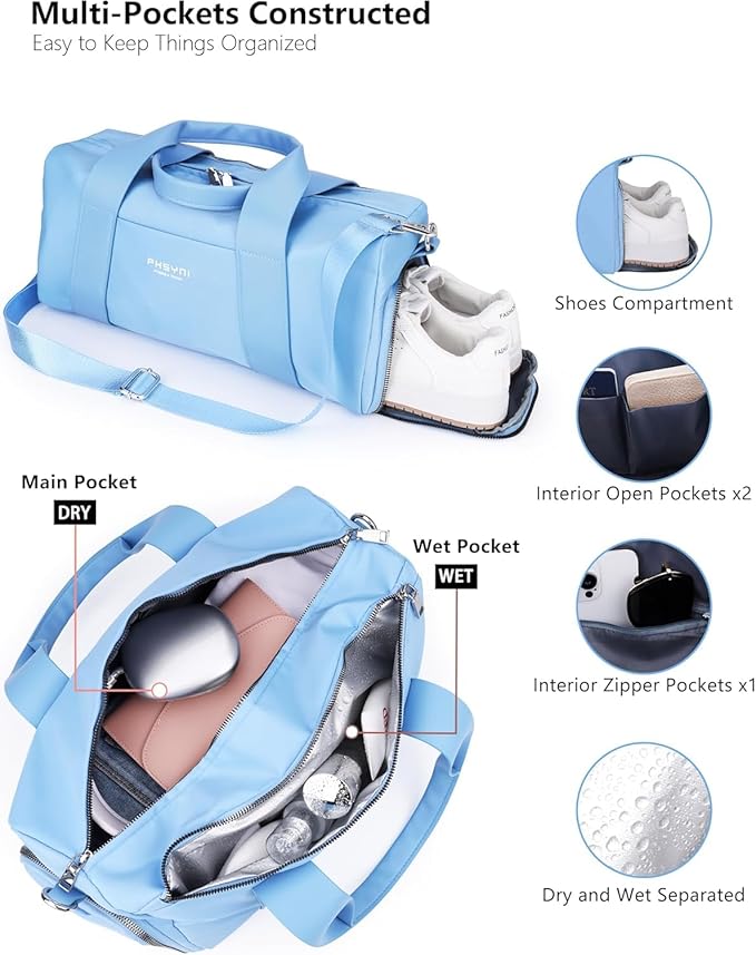 Compact Sports Gym Bag for Women, Cute Mini Duffle Bag with Wet Pocket & Shoes Compartment