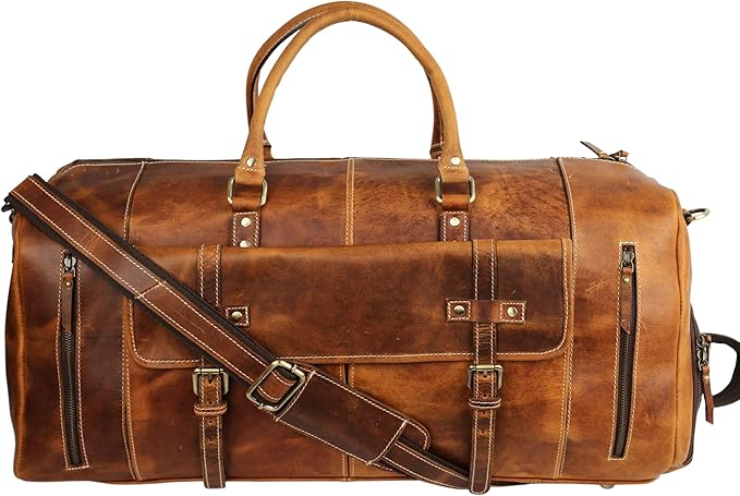 KomalC 24 Inch Leather Duffel Bags for Men and Women Full Grain Leather Travel Overnight Weekend