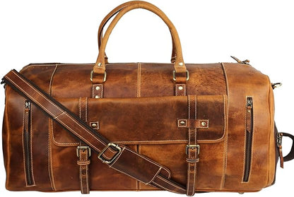 KomalC 24 Inch Leather Duffel Bags for Men and Women Full Grain Leather Travel Overnight Weekend