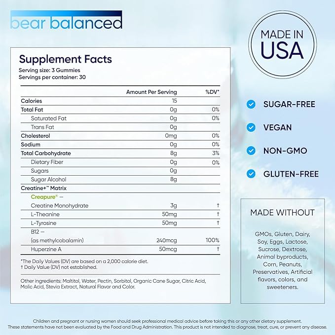 Creatine Gummies for Men & Women - Creapure® Creatine Monohydrate, L-Theanine, L-Tyrosine & B12 for