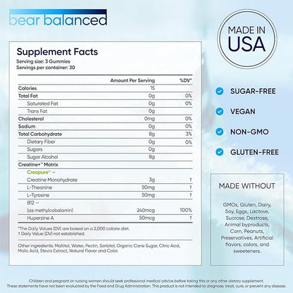 Creatine Gummies for Men & Women - Creapure® Creatine Monohydrate, L-Theanine, L-Tyrosine & B12 for