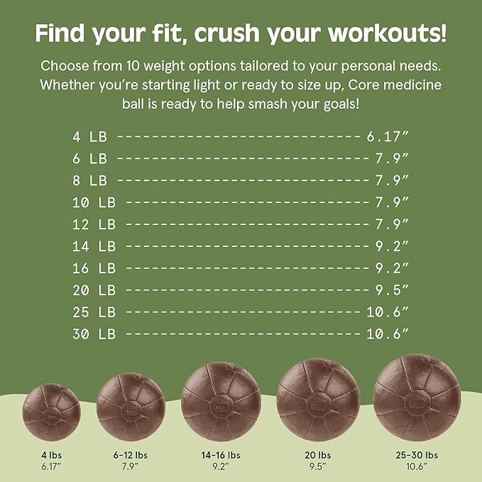 Core Weighted Medicine Ball 4, 6, 8, 10, 12, 14, 16, 20, 25, 30 lbs, Soft Touch Vegan Leather with