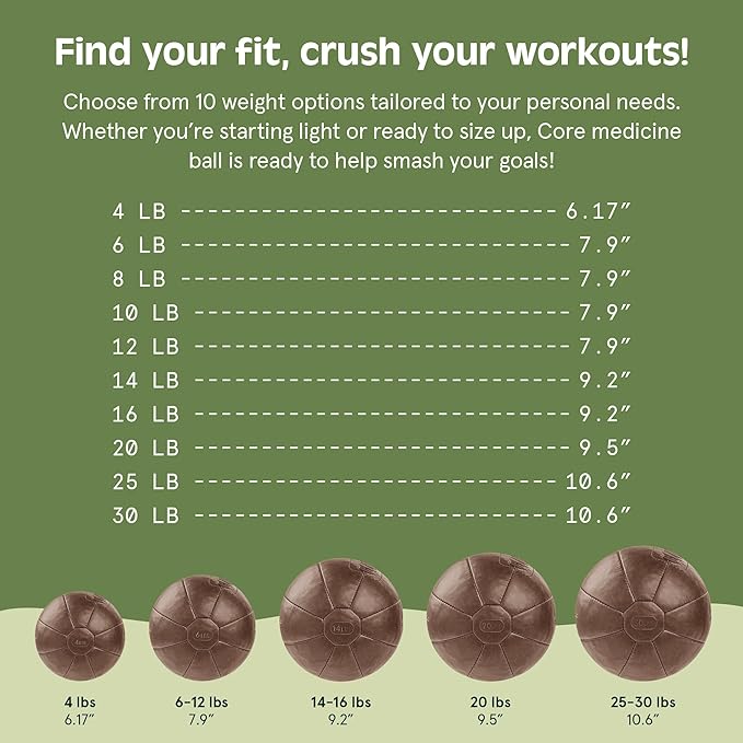 Core Weighted Medicine Ball 4, 6, 8, 10, 12, 14, 16, 20, 25, 30 lbs, Soft Touch Vegan Leather with
