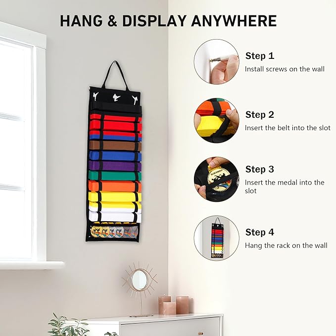12 Belts Karate Belt Display Rack with PVC Medal Storage, Felt Taekwondo Belt Display Holder, Felt