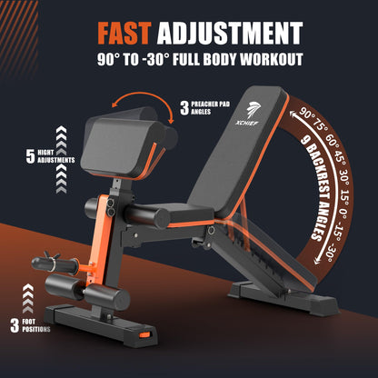XCHIEF Adjustable Weight Bench with Leg Extension and Preacher Pad, 1000LBS