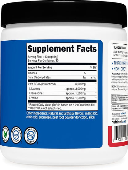 Nutricost BCAA Powder (Strawberry Kiwi, 30 Servings) - Optimal 2:1:1 Ratio