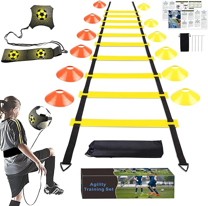 Soccer Speed Agility Training Set - 20FT Agility Ladder 12/16 Sports Cones and Soccer Kick Trainer