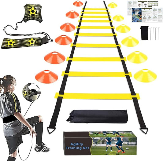Soccer Speed Agility Training Set - 20FT Agility Ladder 12/16 Sports Cones and Soccer Kick Trainer