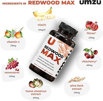 UMZU Redwood Max Nitric Oxide Booster, 1-Month Supply -Advanced Nitric Oxide Supplement with Fitnox