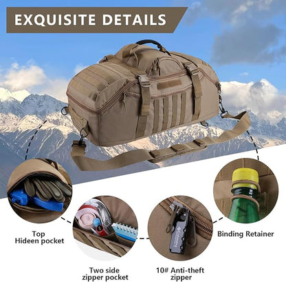 55L Large Duffle Bag, 3-in-1 Tactical Backpack MOLLE Pack for Gym, Sports, Outdoor, Coyote