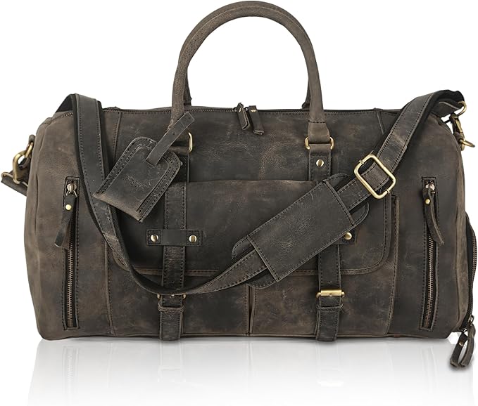 KomalC 24 Inch Leather Duffel Bags for Men and Women Full Grain Leather Travel Overnight Weekend