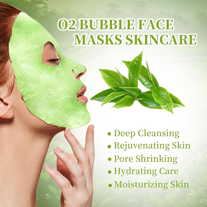 10 Sheets Face Masks Skincare O2 Bubble Green Tea Face Mask, Cleaner Bubble Sheet Masks Foaming