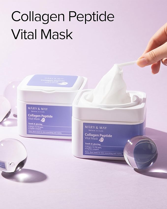 Mary&May Collagen Peptide Vital Mask | 30 Sheets | Daily Korean Face Mask | Firming & Wrinkle Care