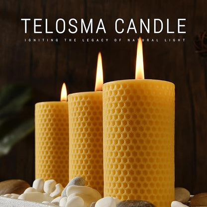 Natural Beeswax Pillar Candles 4 Packs - Honeycomb Surface - 100% Pure Beeswax Candles No Scent