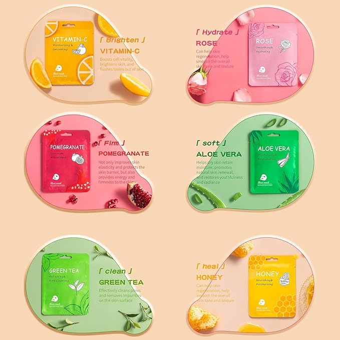 24 Pack Sheet Face Masks Skincare for All Skin Types, Hydrating Face Mask Beauty Suitable for