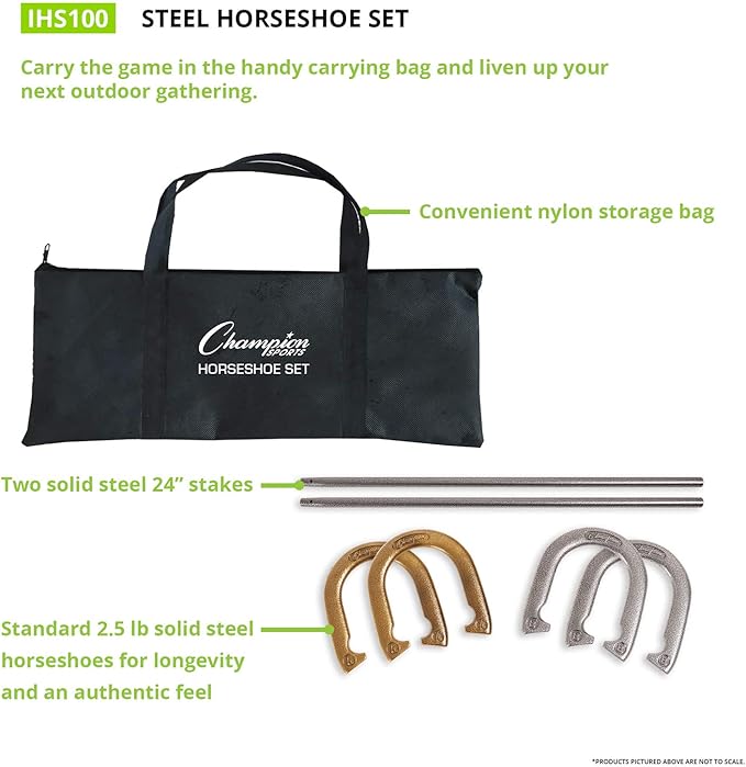 Champion Sports Horseshoe Set: Traditional Outdoor Lawn Game includes Four Professional Solid Steel