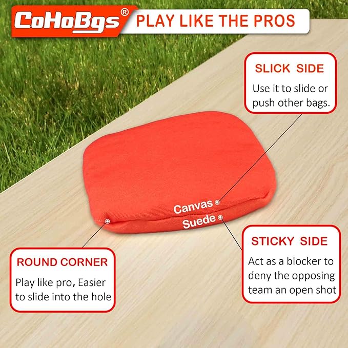 CoHoBgs Corn Hole Bags Set 8, Professional Cornhole Bags Dual-Sided Slick & Stick Resin Filled