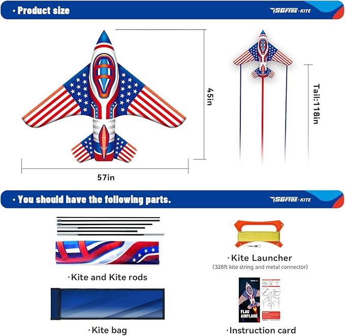 Flag Airplane Kite Easy to Fly Kids Kites for Ages 3-5, Huge Size Durable Beach Kite for Family