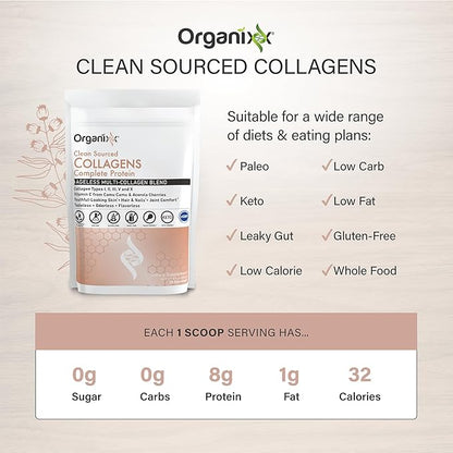 Organixx Collagen Peptides Powder with Vitamin C, Types I, II, III, V, X Hydrolyzed Collagen, Hair