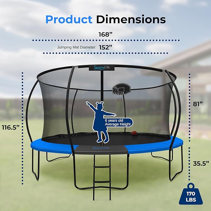SereneLife 8FT 10FT 12FT 14FT Outdoor Trampoline for Kids - Recreational Backyard Trampoline with