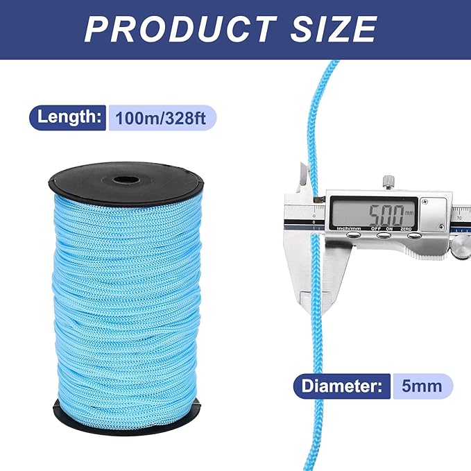 MECCANIXITY 3/16 Inch Polypropylene Rope Braided Ropes, 328ft Nylon Rope Hollow Utility Cord for