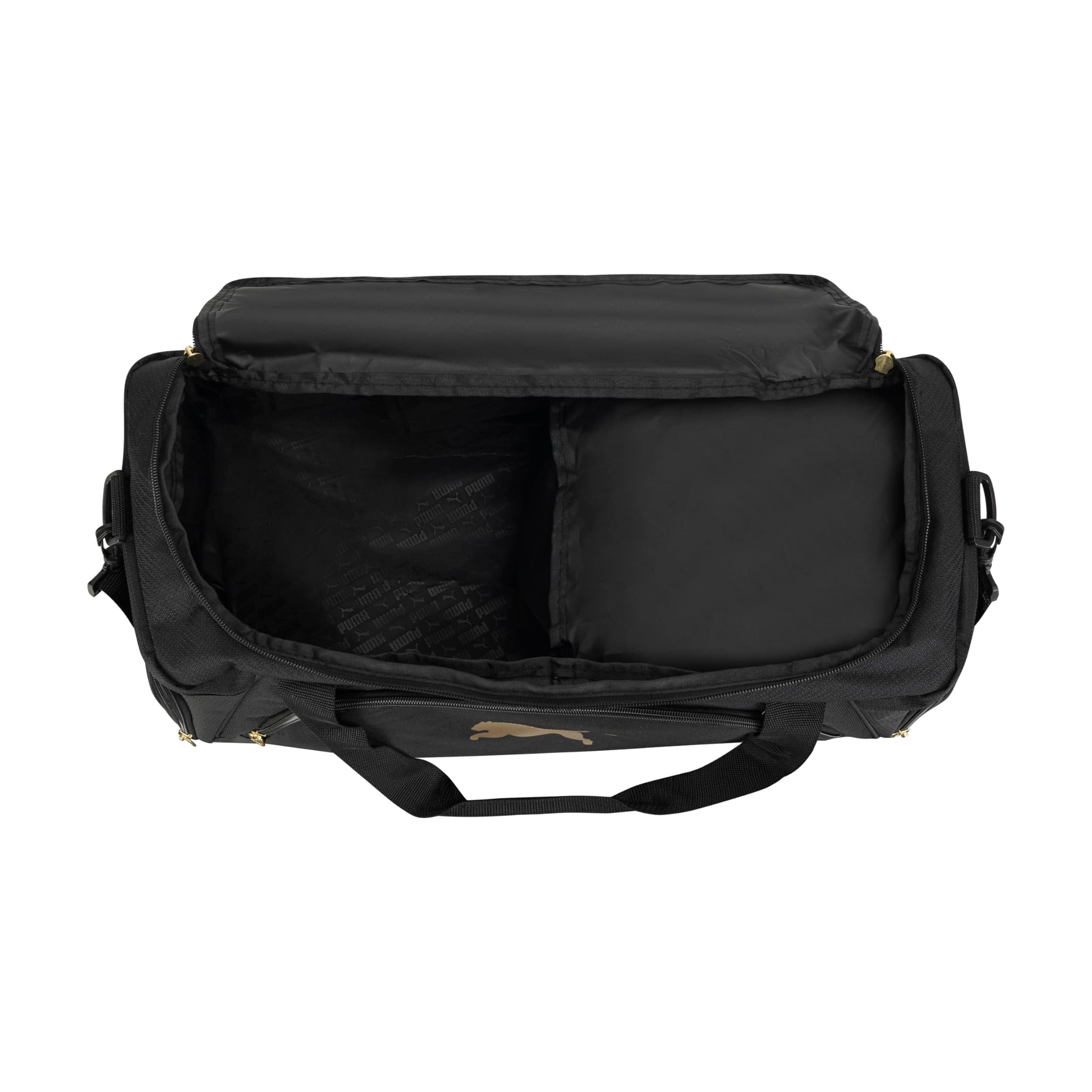 PUMA Accelerator Duffel Bag with Removable Strap & Shoe Pocket, Black/Gold, One Size