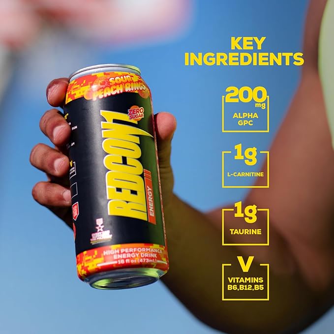 REDCON1 Energy High Performance Drink, Sour Peach Rings - Zero Sugar Energy Drink with Alpha GPC
