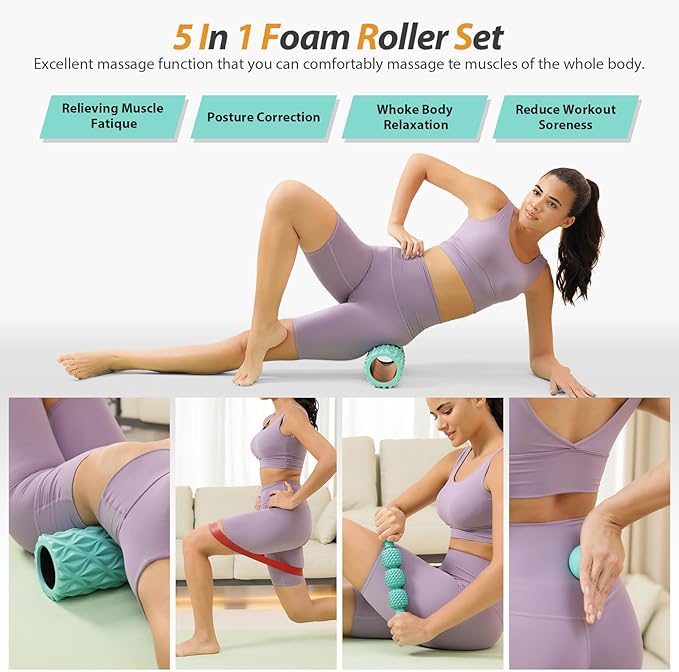 5 in1 Foam Roller Set, Trigger Point Foam Roller, Massage Roller Stick, Massage Ball, Resistance