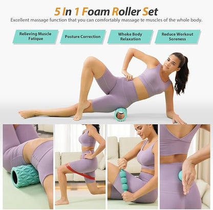 5 in1 Foam Roller Set, Trigger Point Foam Roller, Massage Roller Stick, Massage Ball, Resistance