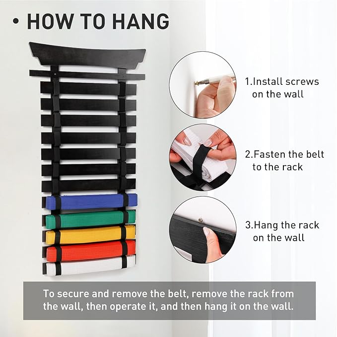 12 Belts Karate Belt Display Rack with Stickers, Martial Arts Belt Display Holder, Taekwondo Belt