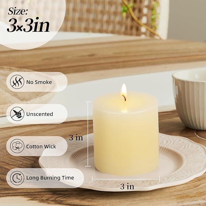 KONNI Ivory Pillar Candles Set of 3, 3"x 3" Unscented Pillar Candles Bulk, 30 Hours Long Burning
