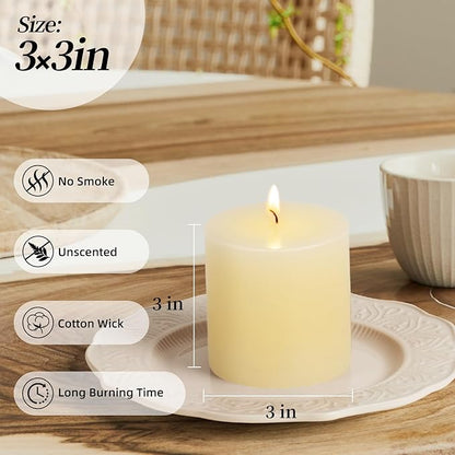 KONNI Ivory Pillar Candles Set of 3, 3"x 3" Unscented Pillar Candles Bulk, 30 Hours Long Burning