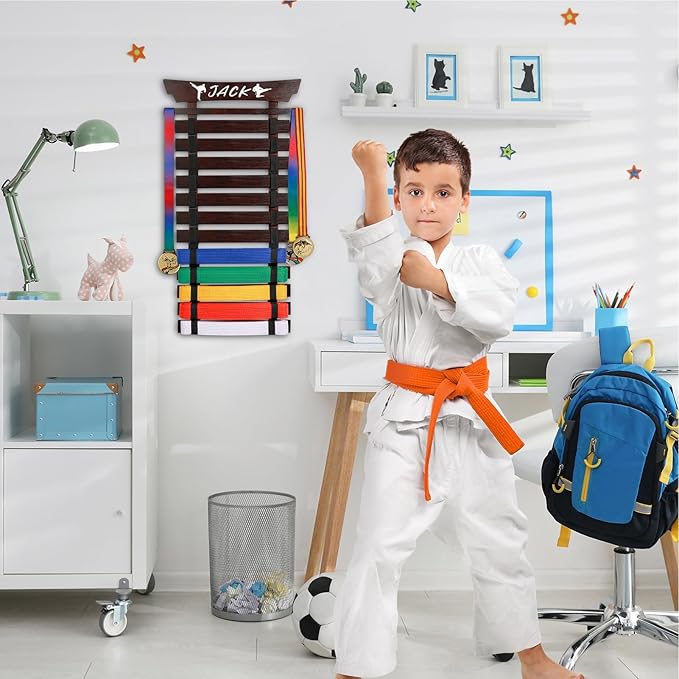 12 Belts Karate Belt Display Rack with Stickers, Martial Arts Belt Display Holder, Taekwondo Belt