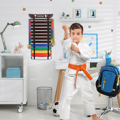 12 Belts Karate Belt Display Rack with Stickers, Martial Arts Belt Display Holder, Taekwondo Belt