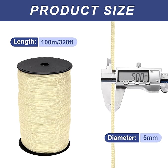 MECCANIXITY 3/16 Inch Polypropylene Rope Braided Ropes, 328ft Nylon Rope Hollow Utility Cord for
