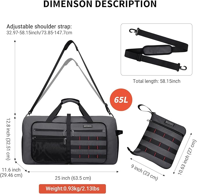WITZMAN Foldable Duffle Bag for Travel 65L Lightweight Packable Duffel Bag with Shoes Compartment