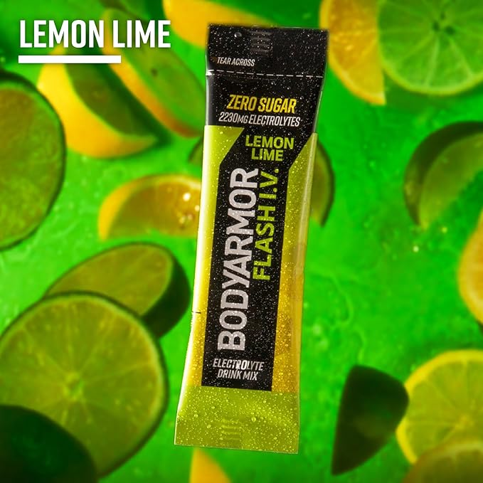 BODYARMOR Flash IV Electrolyte Packets, Lemon Lime - Zero Sugar Drink Mix, Single Serve Packs