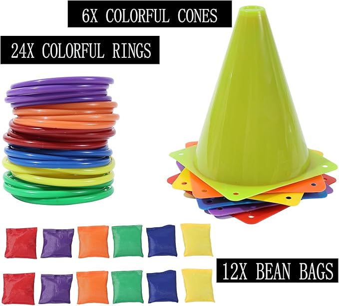 42 pcs 3-in-1 Carnival Games Set Plastic Colorful Cones Ring Toss Combo Set Outdoor Carnival Games