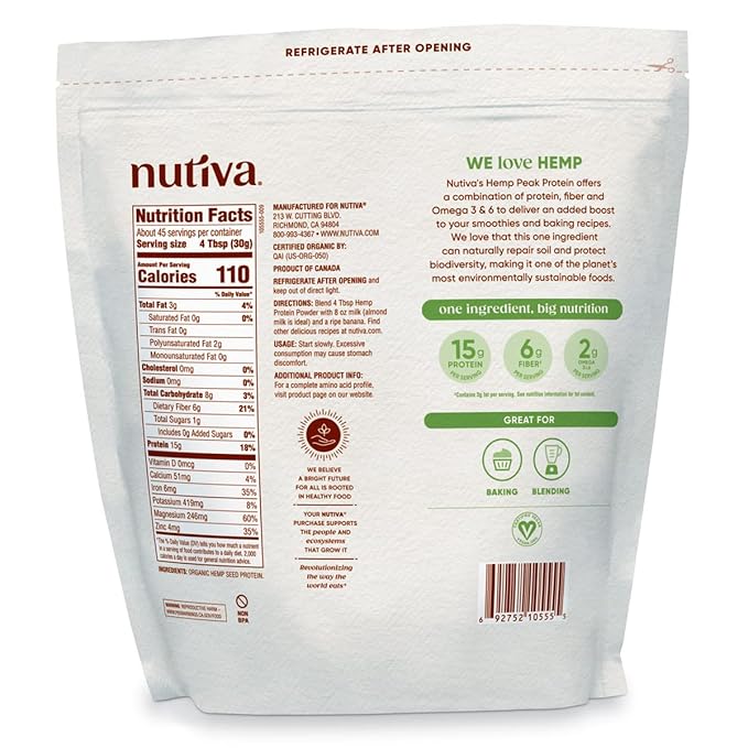 Nutiva Organic Cold-Pressed Raw Hemp Seed Protein Powder, Peak Protein, 3 Pound, USDA Organic
