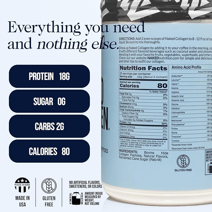 NAKED Vanilla Collagen Peptides Protein Powder, 25 Servings, Pasture-Raised, Grass-Fed Hydrolyzed