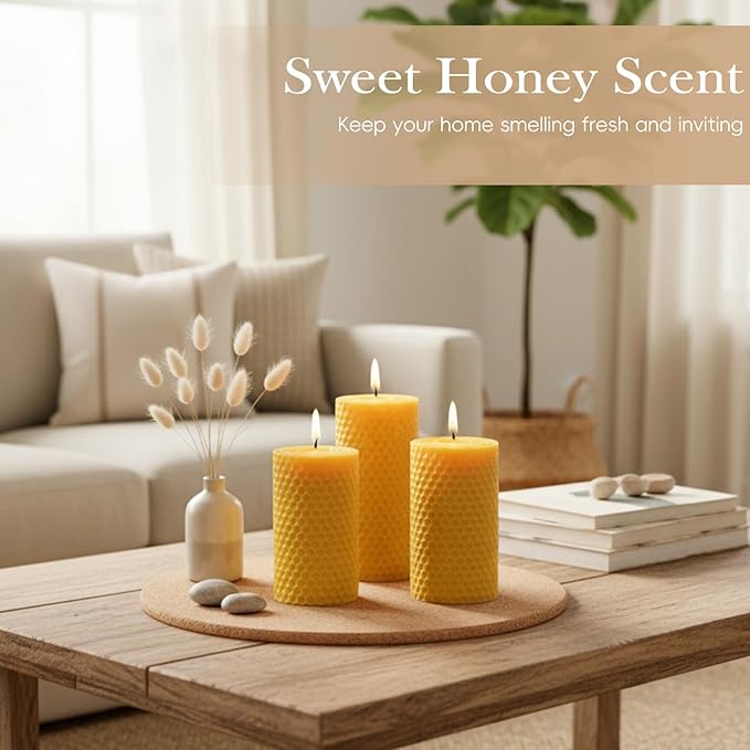 4 Packs 3x6 Inch Beeswax Candles, Large Honeycomb Beeswax Pillar Candles, 45 Hours Burn Time