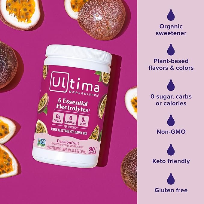 Ultima Replenisher Daily Electrolyte Powder Drink Mix – Sugar Free – Passionfruit, 90 Servings