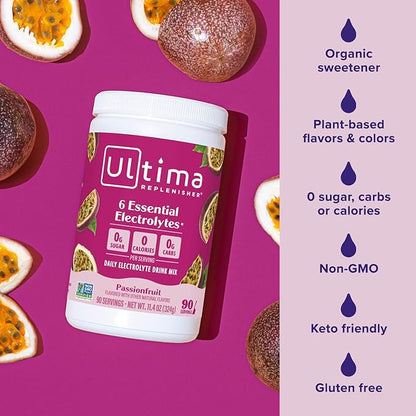 Ultima Replenisher Daily Electrolyte Powder Drink Mix – Sugar Free – Passionfruit, 90 Servings