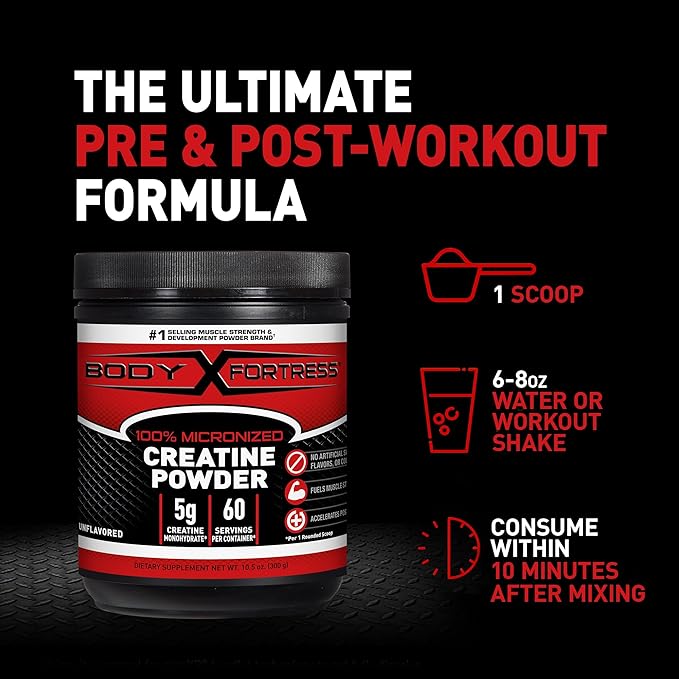 Body Fortress 100% Micronized Creatine Monohydrate Powder, 300g (60 Servings, 5g Scoop)