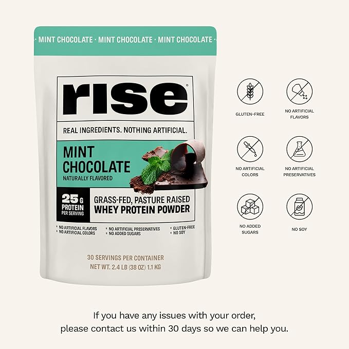 Rise Grass-Fed Whey Protein Powder - Mint Chocolate | 25g Protein No Artificial Flavors, Colors, or